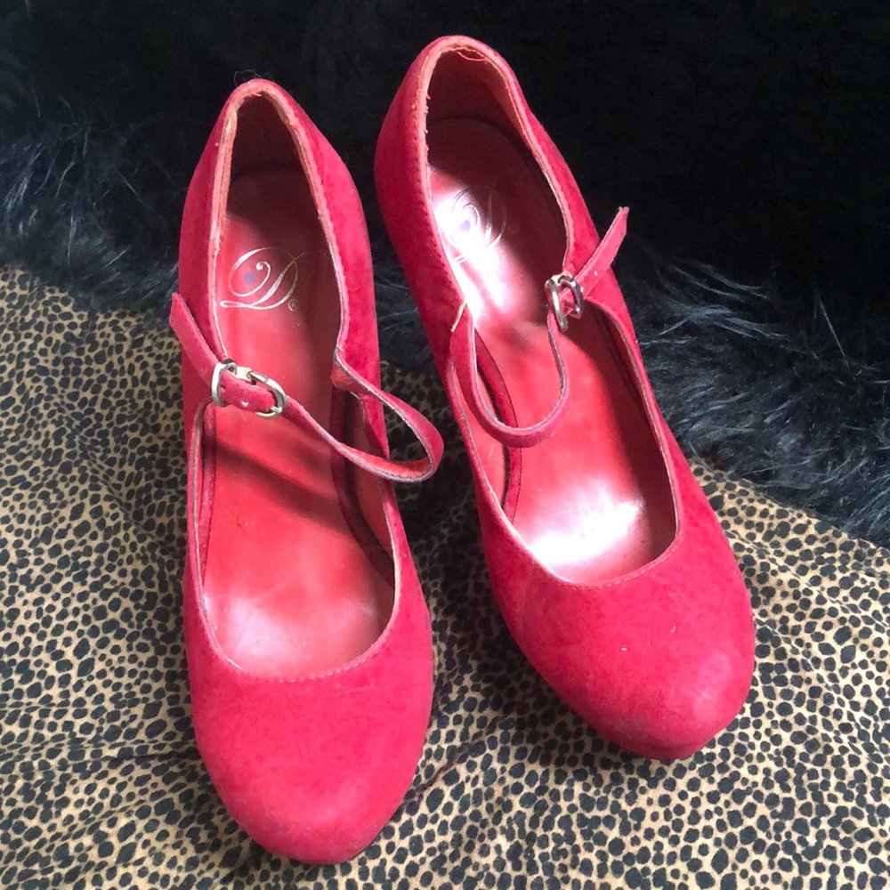 Derek Heart red velvet platform buckle strap heels like Dorothy 5.5